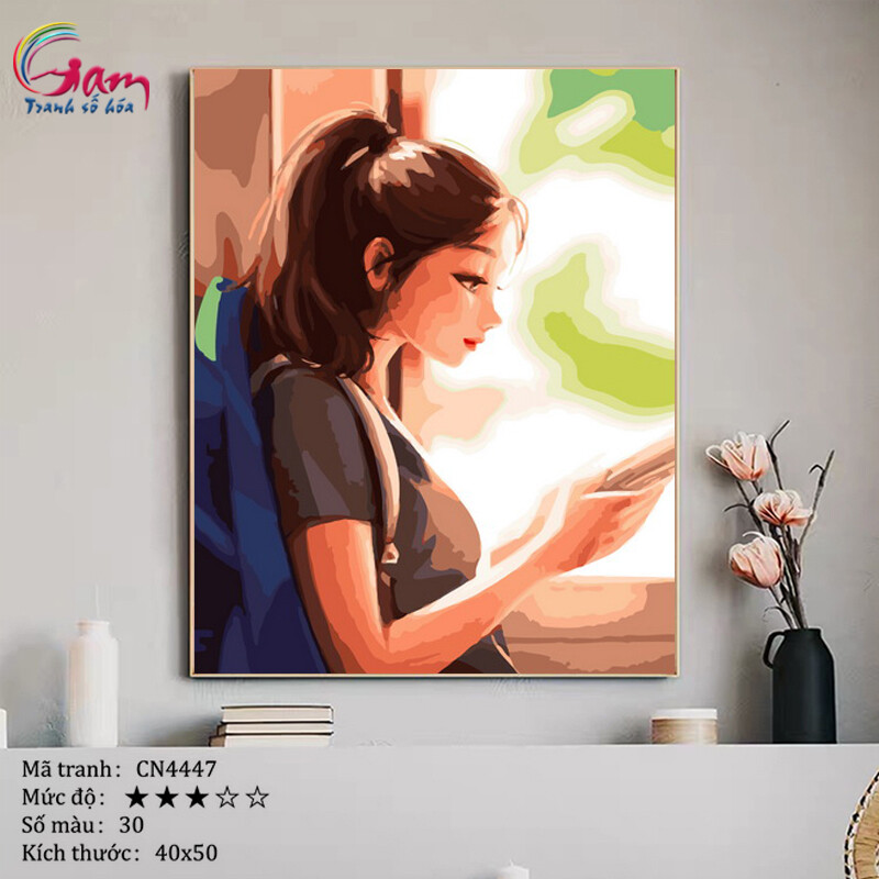 Tranh số hoá Gam tự tô màu cô gái đọc sách CN4447