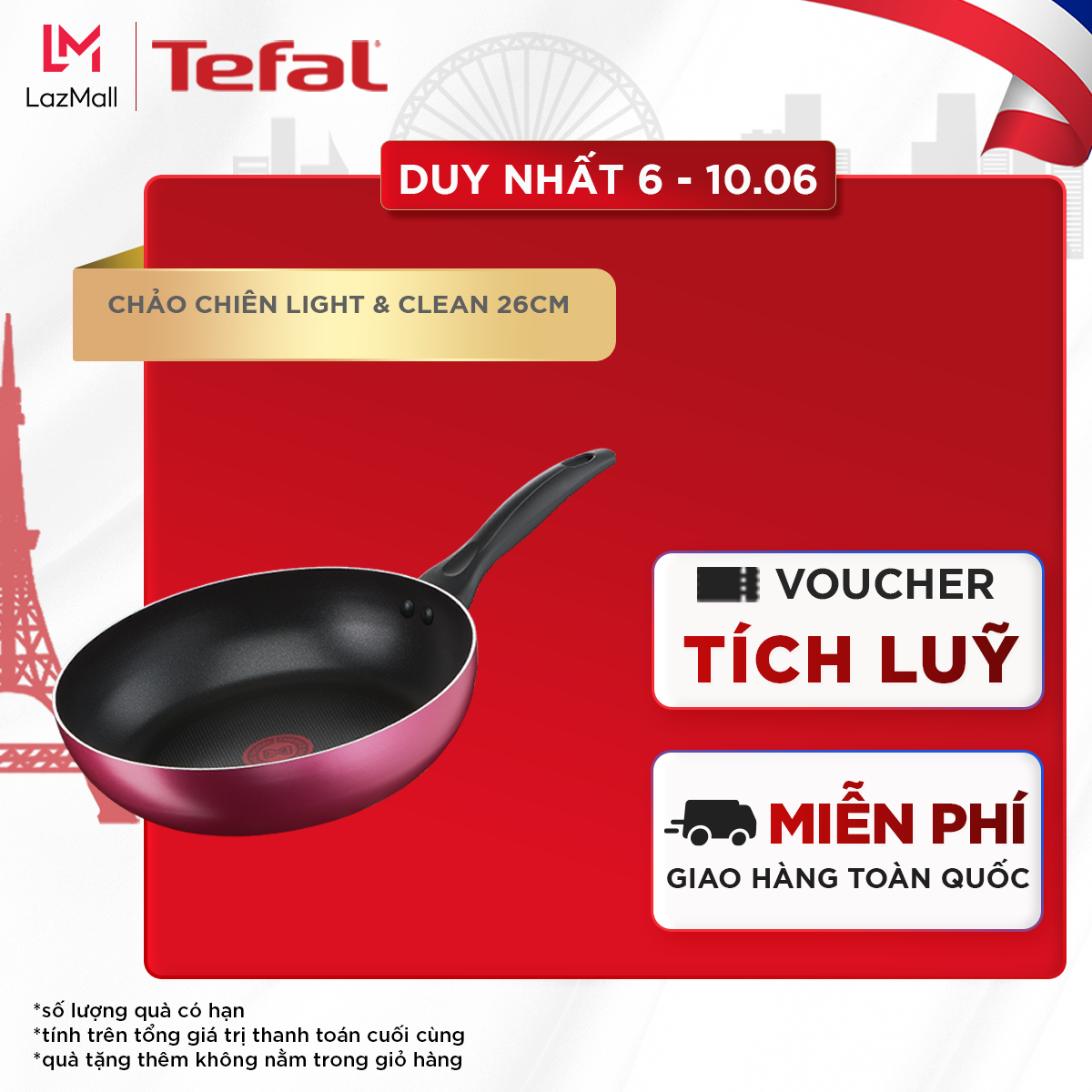 Chảo chiên chống dính Tefal Light & Clean 26cm, dùng cho bếp ga và hồng ngoại, hàng chính hãng