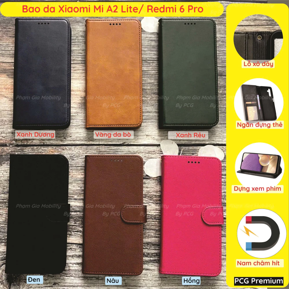 Bao da Xiaomi Mi A2 Lite/ Redmi 6 Pro chất liệu da cao cấp, sang trọng, có ngăn chứa thẻ, nắp gập chống đỡ xem phim