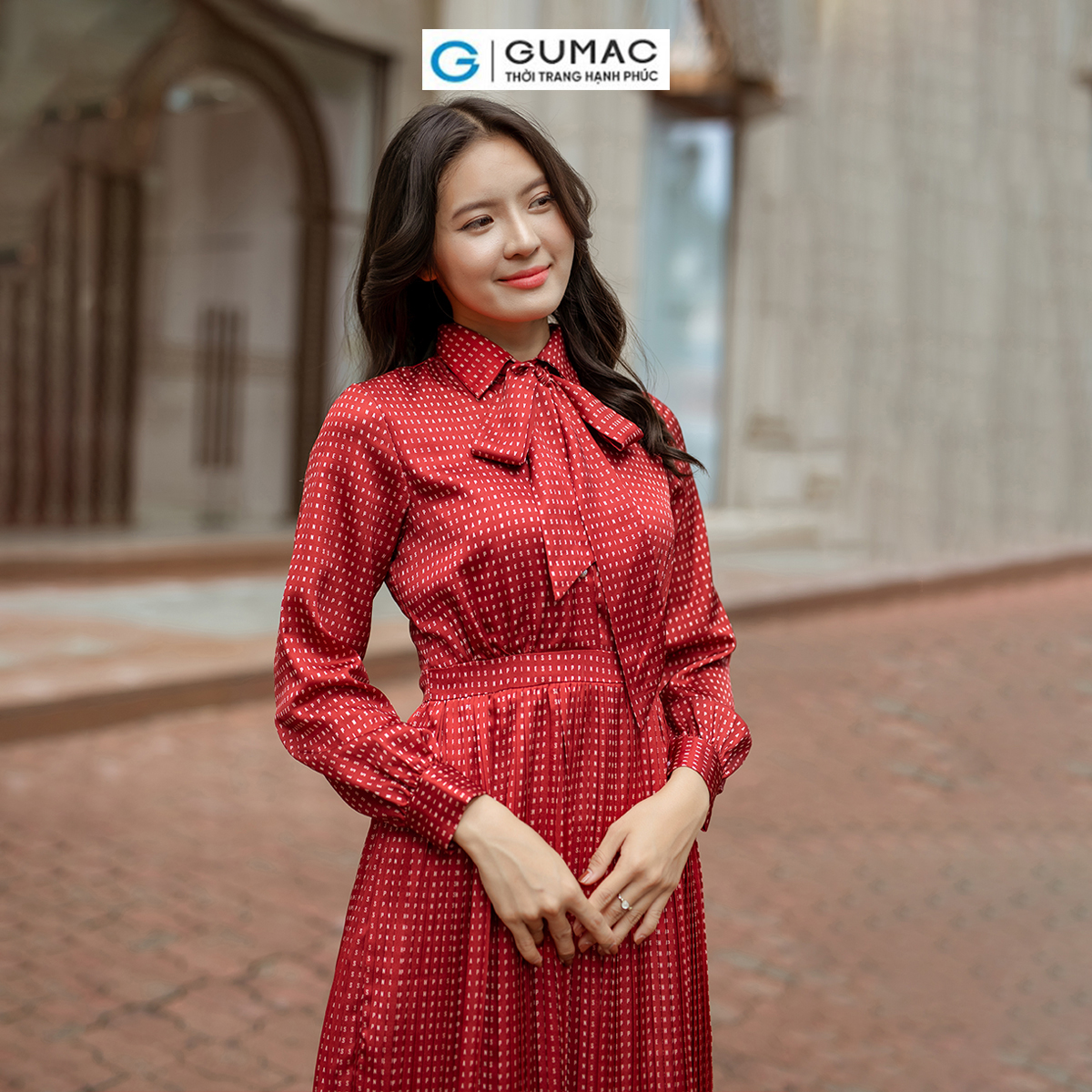 Đầm nữ dập ly buộc nơ thời trang GUMAC DD06042