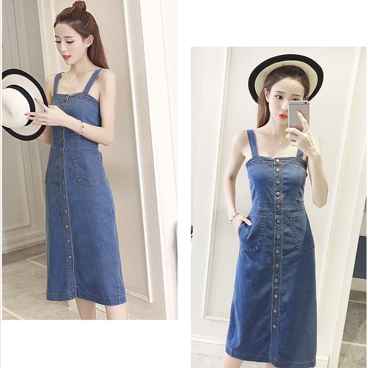[HCM]Đầm Yếm Jean Nữ Form Dài Nút Cài Dọc