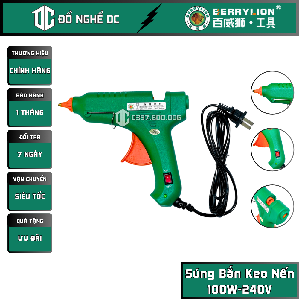 Súng bắn keo nến, dụng cụ bắn keo điện lớn công suất 100w-240v 031303100 berrylion, - súng bắn keo sử dụng để cố định những chi tiết trên các sản phẩm handmade