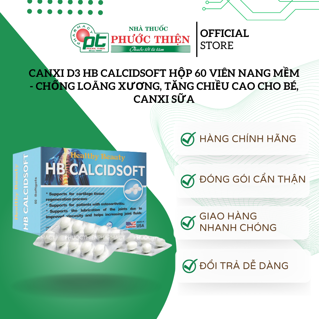 Canxi d3 HB CALCIDSOFT hộp 60 viên nang mềm - chống loãng xương, tăng chiều cao cho bé, canxi sữa