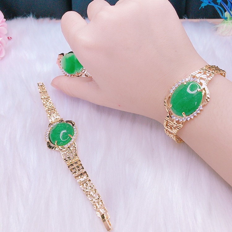 Lắc tay nữ mạ vàng tây, lắc tay mạ vàng cao cấp đá ovan thạch xanh ngọc đính đá pha lê trắng sáng lấp lánh thiết kế sang trọng quý phái 70R L040 - đeo đi đám cưới vô cùng quý phái (mới)