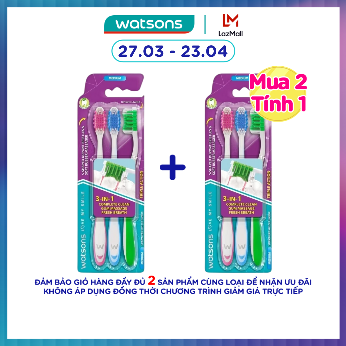 Bàn Chải Đánh Răng Watsons Triple Action Toothbrush (Medium) 3s