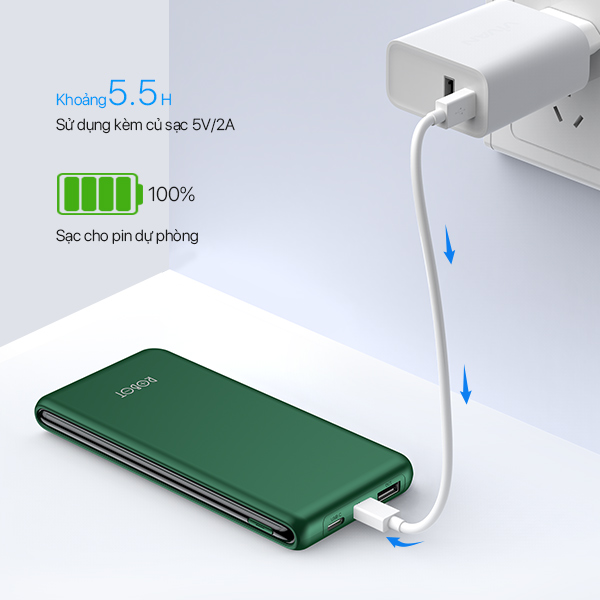 Pin dự phòng Robot RT180 dung lượng cao 10000mah cục sạc nhỏ gọn siêu mỏng siêu nhẹ 2 cổng sạc vào 1 cổng sạc ra chất lượng