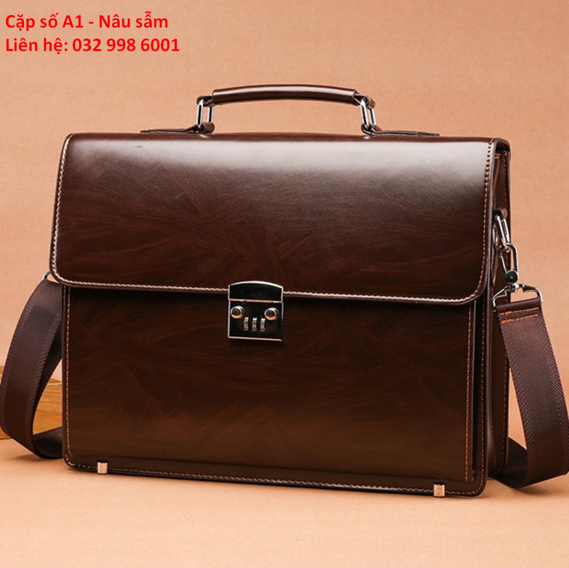 Cặp da khóa số công sở đựng laptop mã A 38x29x9cm (Nâu sáng - Nâu đậm)