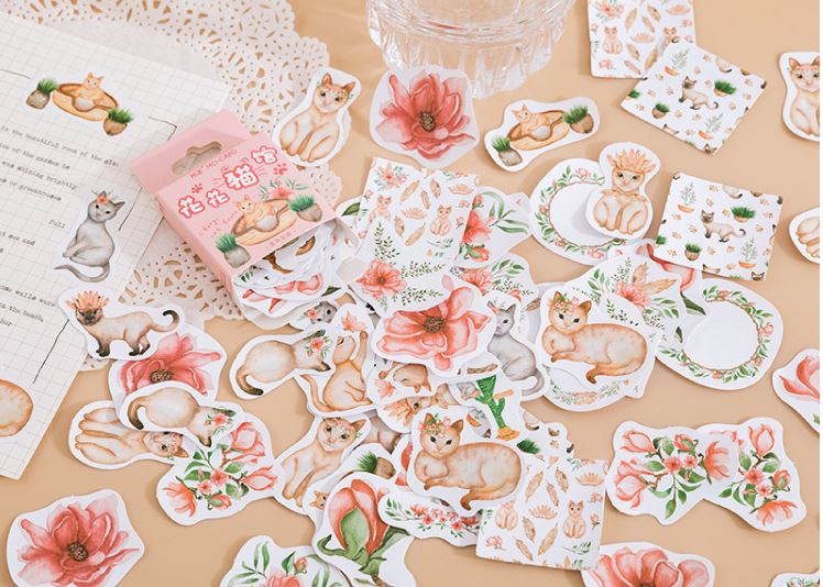 Bộ 45 Sticker Mèo Và Hoa E117