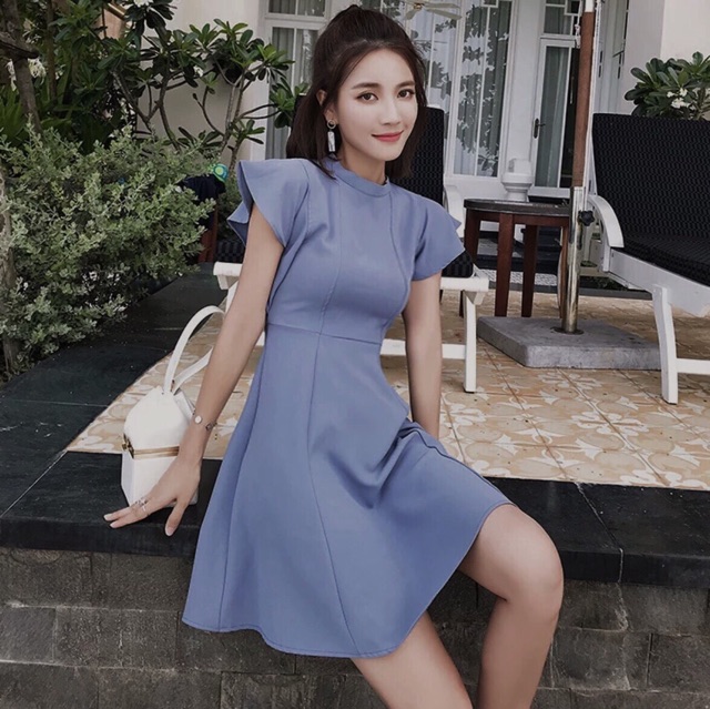[HCM]Đầm xanh đậm cổ trụ tay bèo