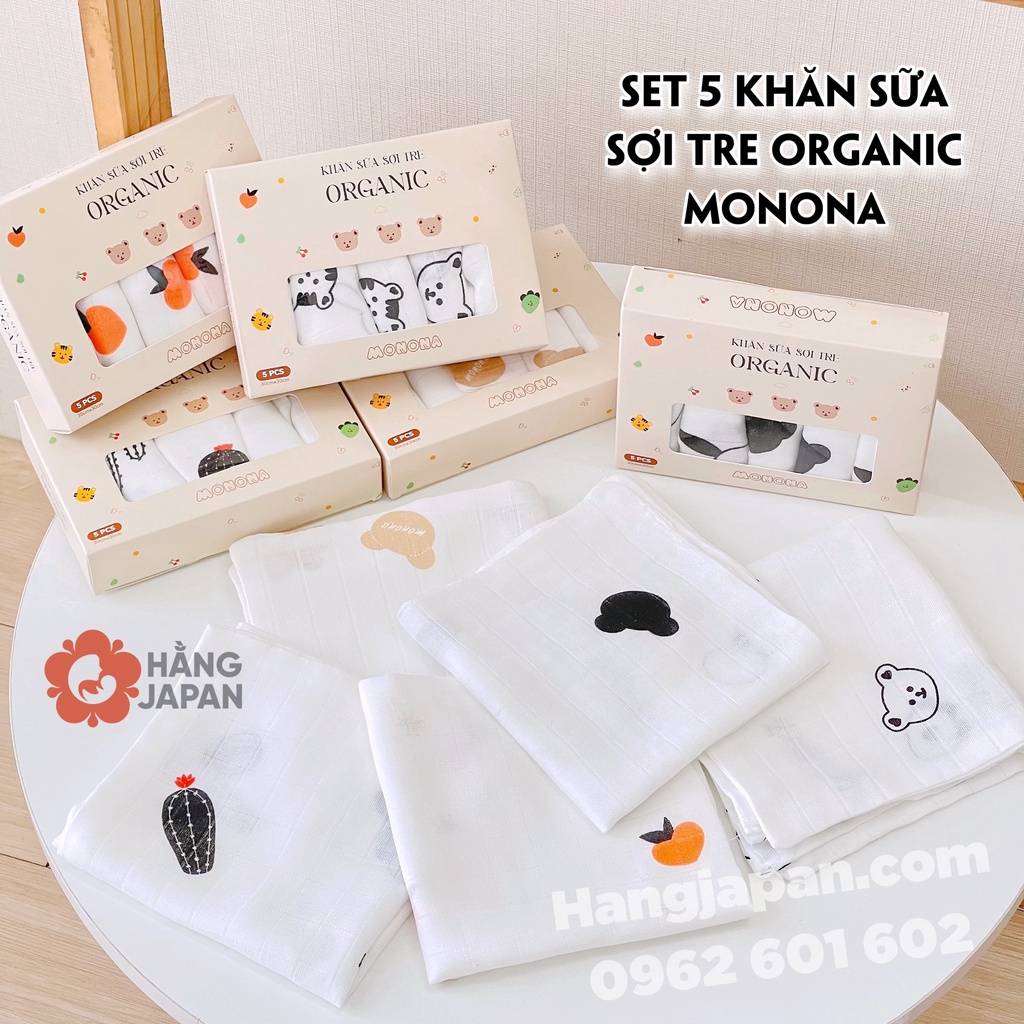 Set 5 Khăn sữa sợi tre MONONA organic cotton 25x25cm cho bé sơ sinh họa tiết ngẫu nhiên