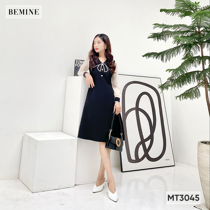 Đầm tay dài cổ phối nơ BEMINE MT3045DEN
