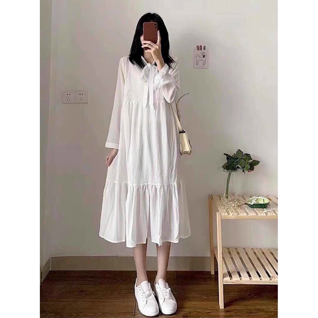 [HCM]Đầm xuông tay dài cột nơ hàn quốc
