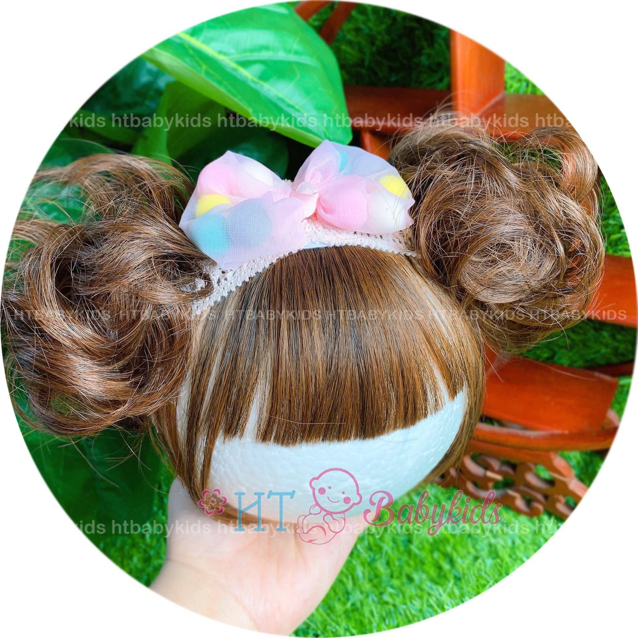 Băng Đô Turban Cho Bé Gái Tóc Giả Hai Bên Ren Nơ Trắng- Đủ Size Cho Bé Sơ Sinh