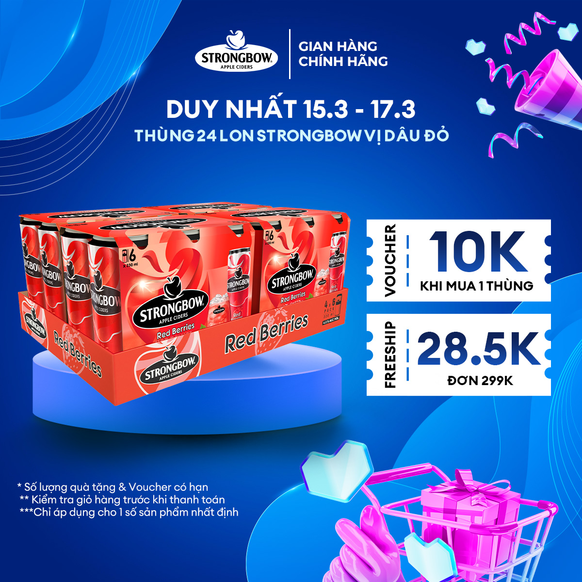 Thùng 24 lon cao Strongbow vị dâu đỏ 330ml/lon