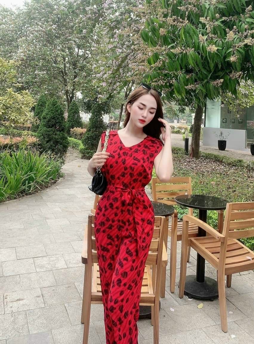 Jum quần dài ống rộng tay cánh tiên cổ V cột nơ eo chất lụa cao cấp