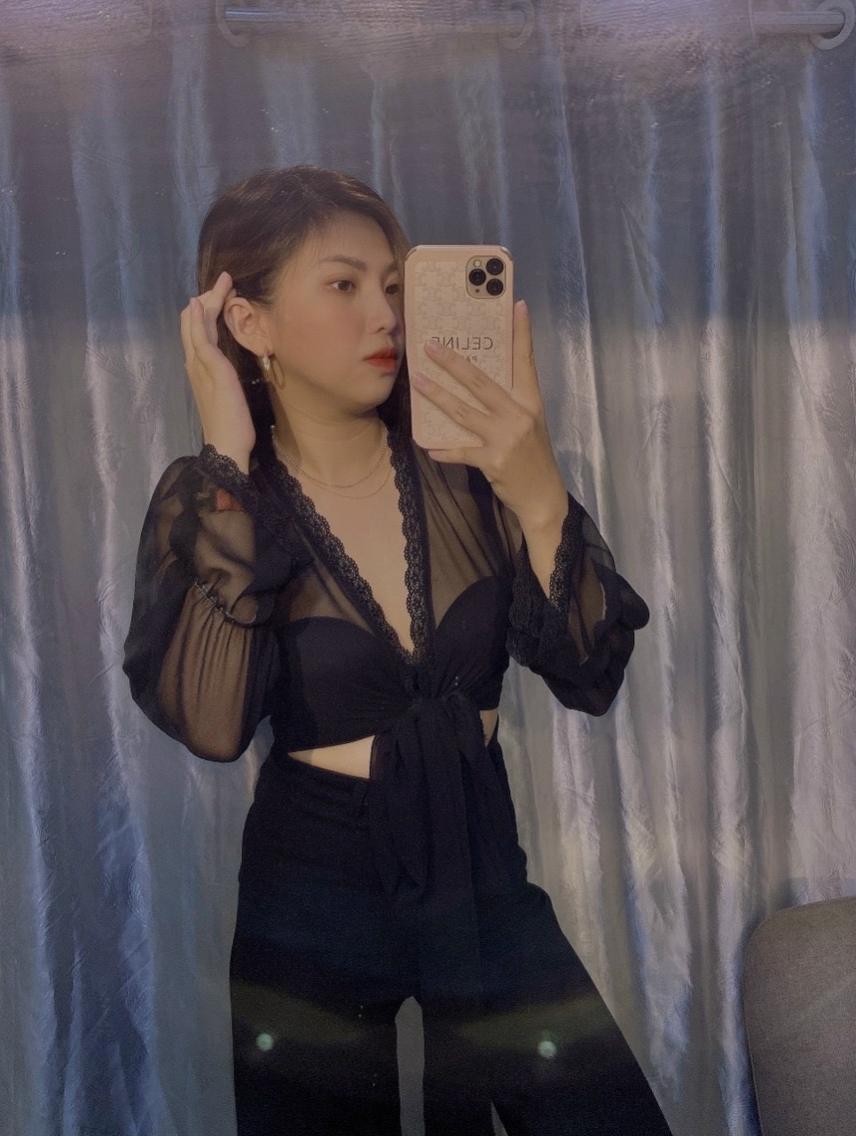 Áo kiểu tay dài viền ren cột nơ eo sexy , chất voan lụa mềm mát
