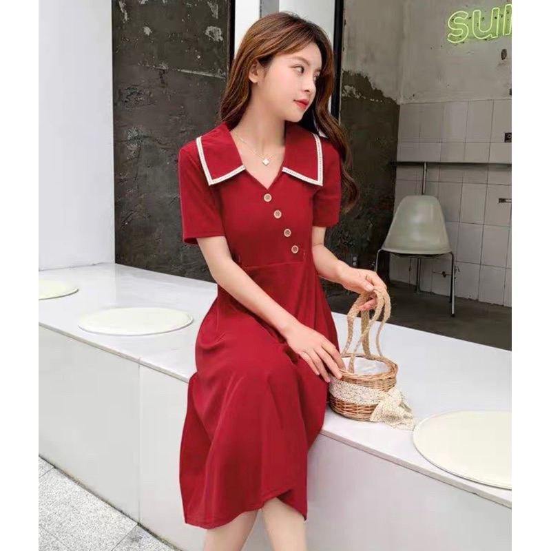 ĐẦM TAY NGẮN, CỔ VIỀN TRẮNG, NÚT XÉO  ( có ảnh thật) MS139