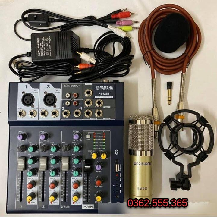 TRỌN BỘ THU ÂM MIC BM900 - BÀN TRỘN ÂM THANH MIXER YAMAHA F4 USB - bh 6 tháng