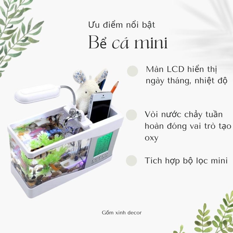 Bể Cá-[Bể cá+Đồng Hồ + Đèn Bàn + Sỏi, Cây Thủy Sinh]-Bể cá mini-Bể cá để bàn-hồ cá