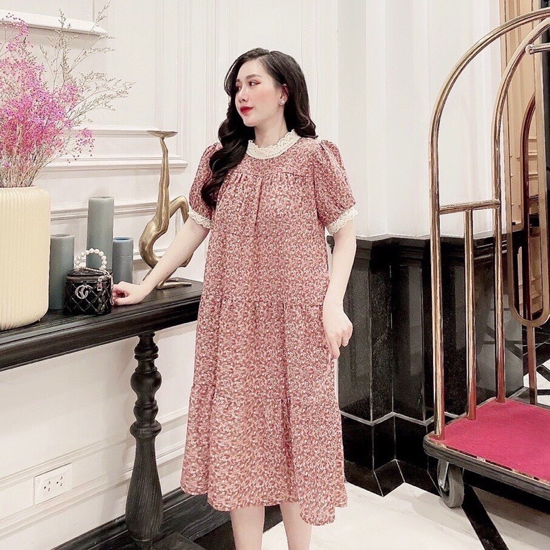 Váy bầu hoa nhí cổ ren mùa hè 2MAMA ngắn tay thiết kế xinh xắn Vintage