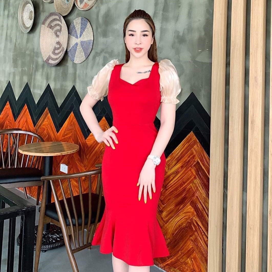 Đầm tay voan cổ trái tim đuôi cá