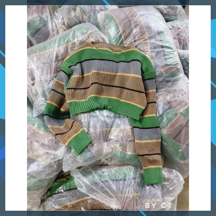 Áo len croptop sọc xanh Qc siêu hot