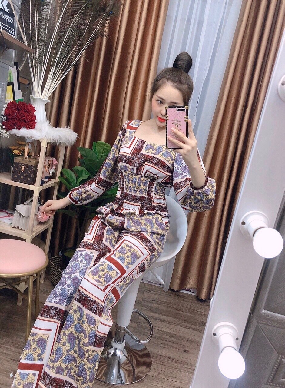Set bộ thổ cẩm nữ cổ vuông tay dài quần dài ống rộng #setbothocamcovuongquandai