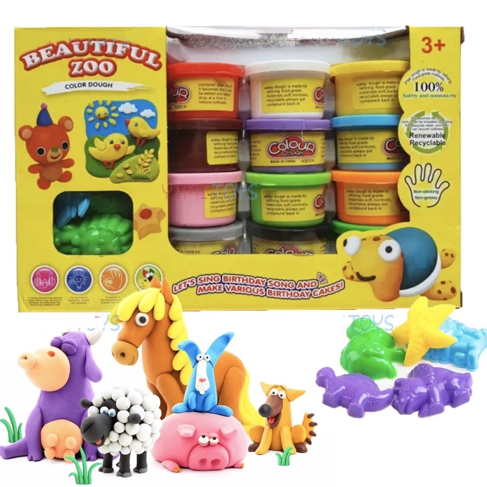 Bộ đất sét 12 màu nặn hình động vật và bánh kem color dough