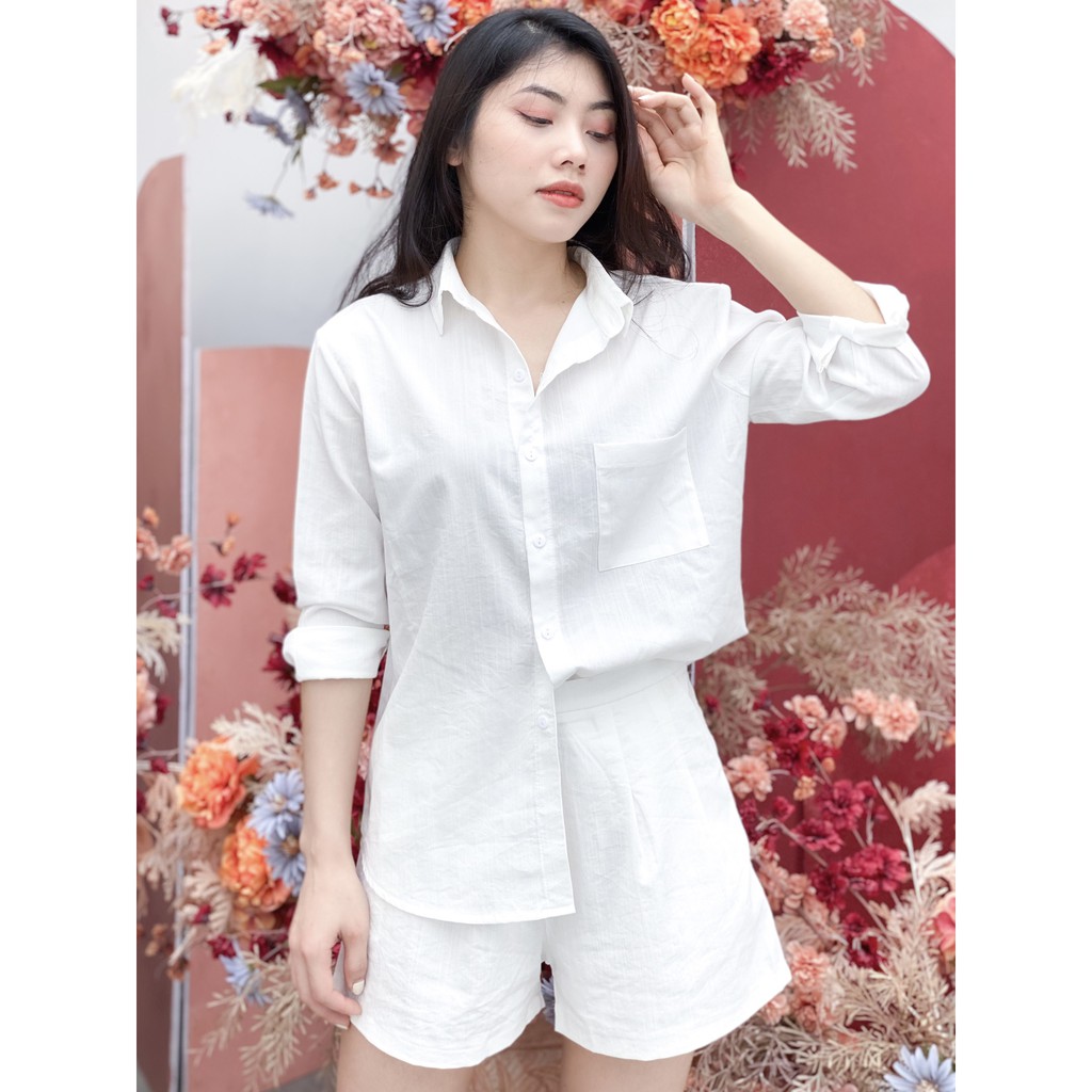 (xả kho) Set bộ sơ mi đũi dài tay mix quần short (đùi) nhẹ nhàng màu trắng và đen.