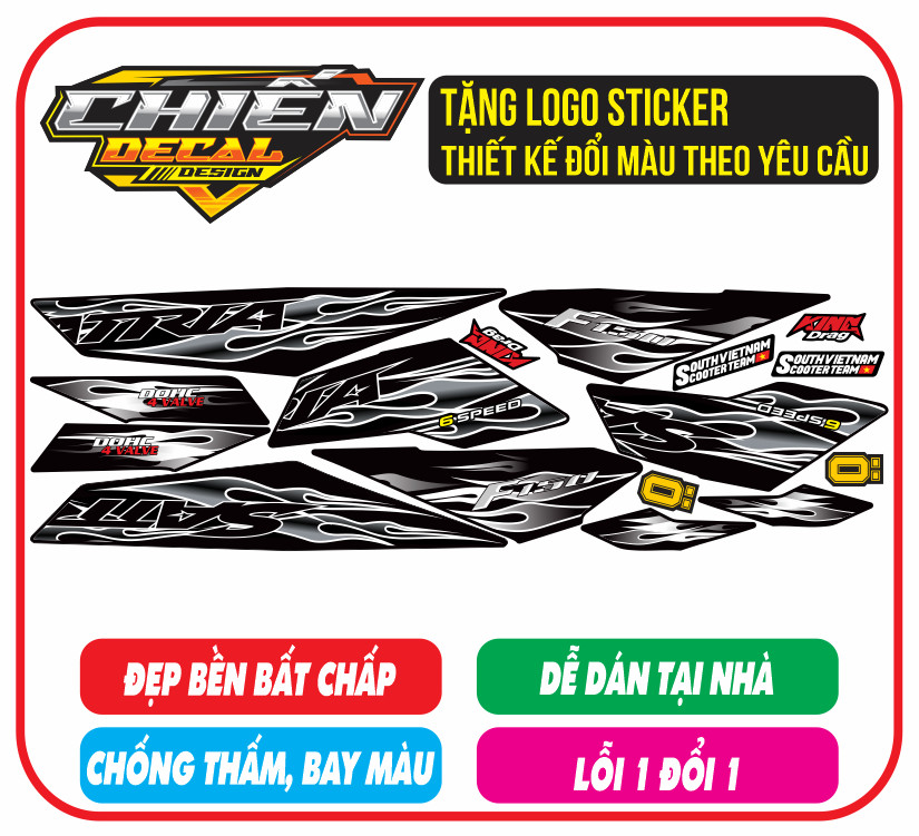 Tem rời xe satria - raider F150 mẫu tem lửa đen bạc ( tem 3 lớp cao cấp)