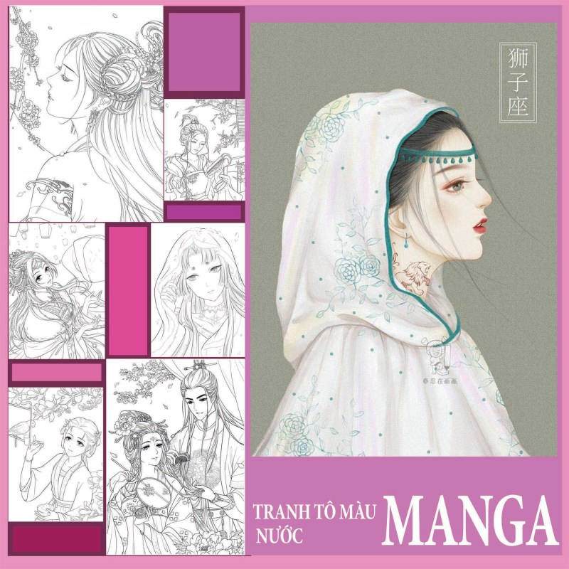 Bộ 30 tranh tô màu nước chuyên dụng.nội dung Manga, Manhua khổ a4- chất giấy dày,sần 120gsm, có màu đen, nâu.