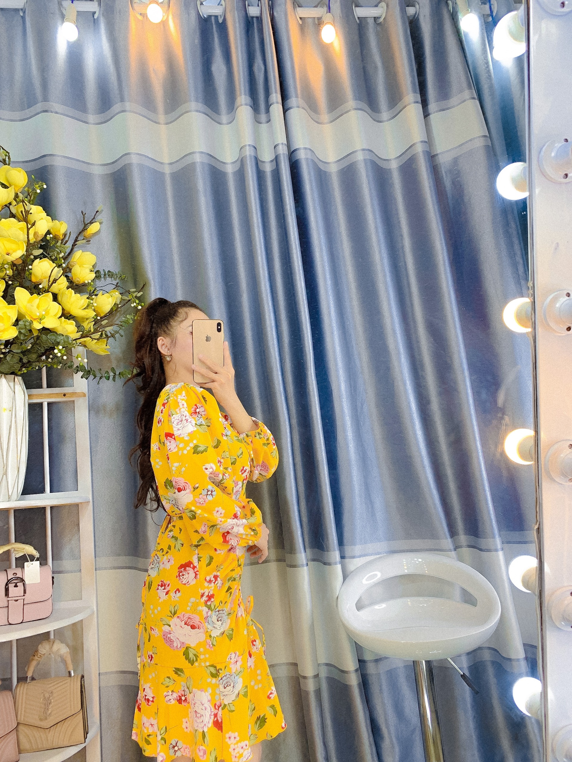 [HCM][Hình Thật] Đầm hoa rút eo tay dài thanh lịch DN09