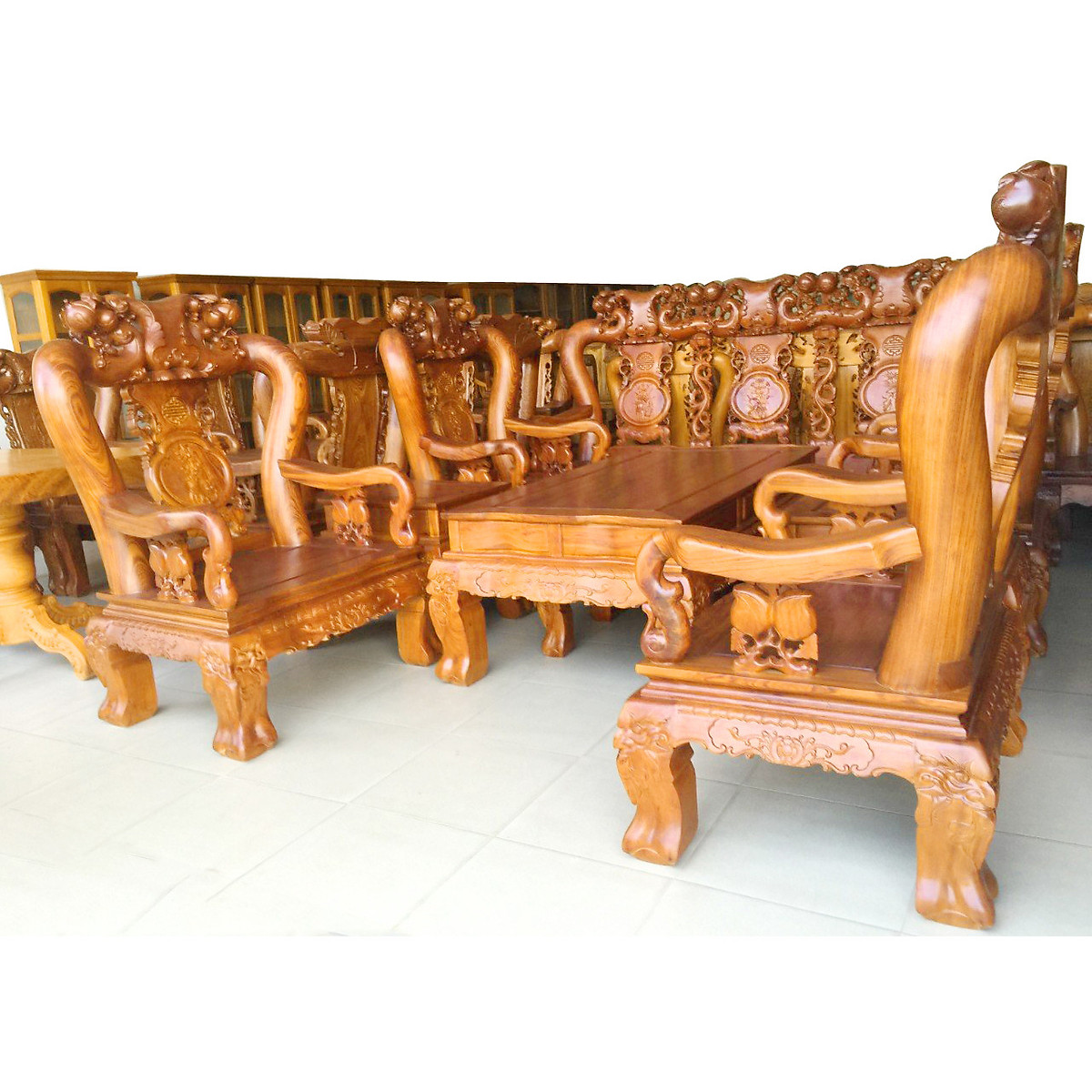 Bộ sofa phòng khách 6 món gỗ gõ tự nhiên tay 10