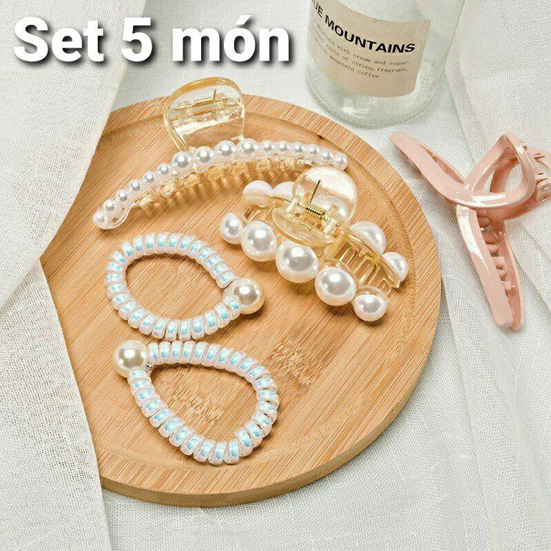 Set kẹp ngọc trai 5 món kèm túi zip, combo 5 món kẹp và dây buộc tóc
