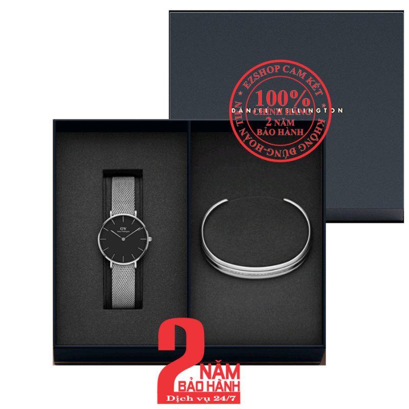 [NEW] Hộp quà đồng hồ nữ Daniel Welington Classic Petite Sterling 28mm (Mặt Đen) + Vòng tay DW Bracelet - màu bạc (Silver)- DW00500228