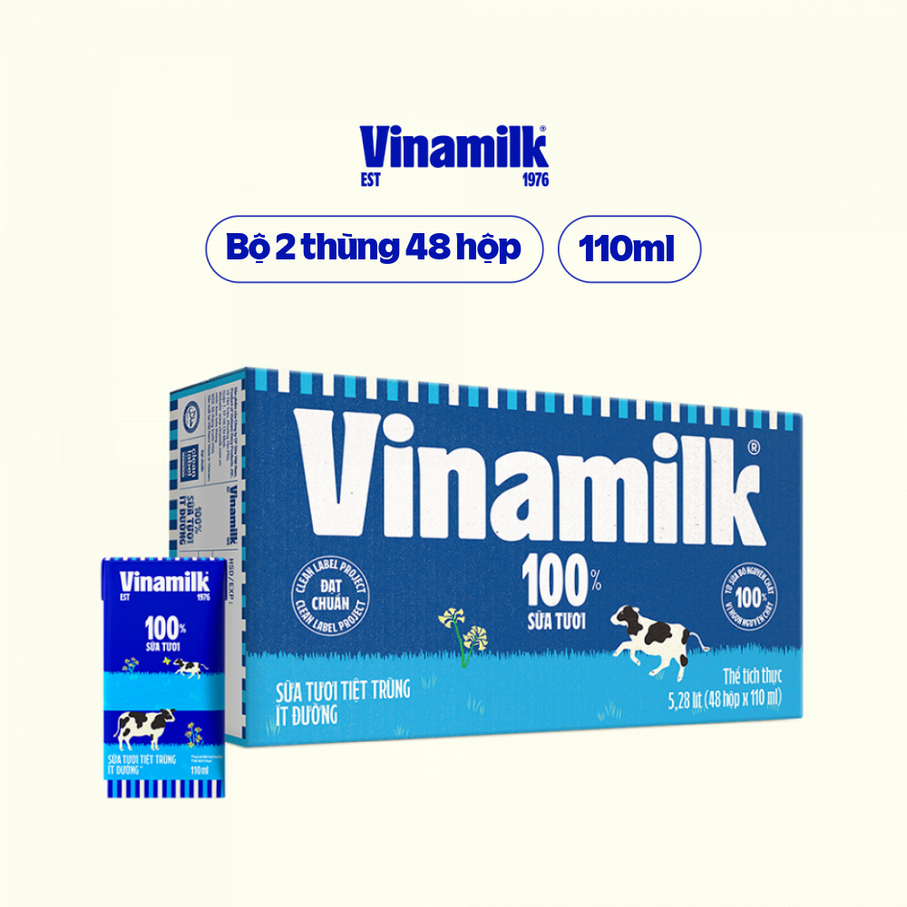Sữa tươi vinamilk 100% 110ml có đường ít đường thùng 48 hộp ...