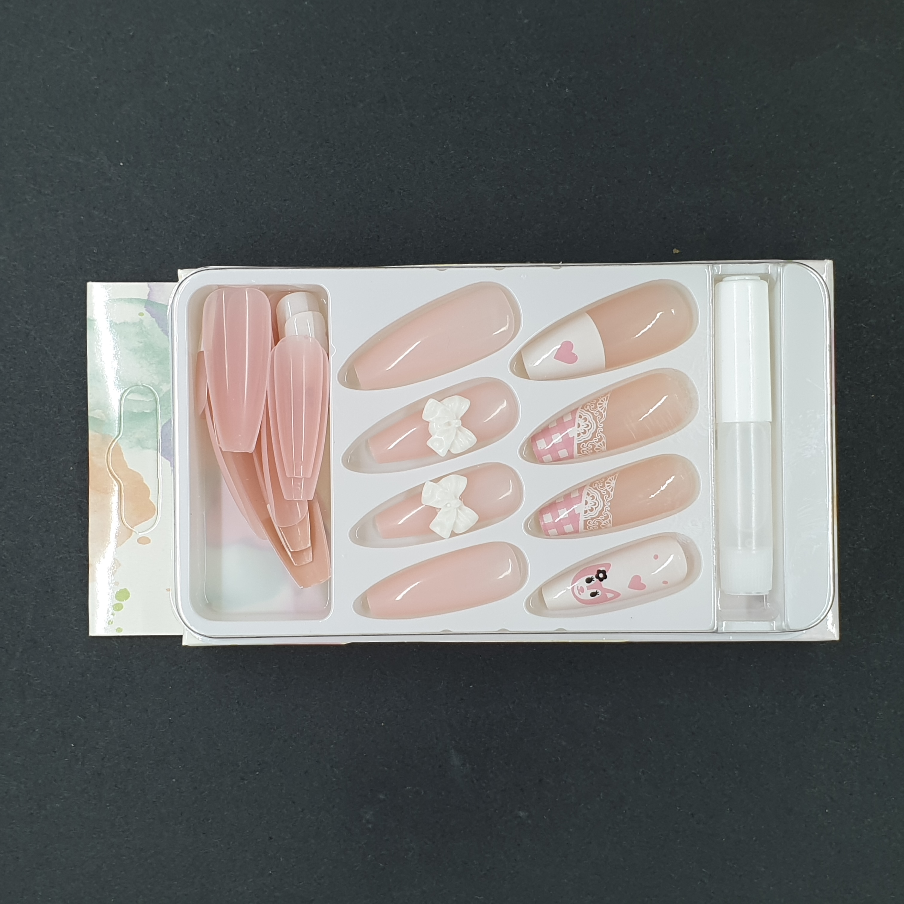 Bộ 24 móng tay giả nailbox hồng họa tiết hoạt hình đính nơ 💖💖 SẴN KEO DÁN 💖💖