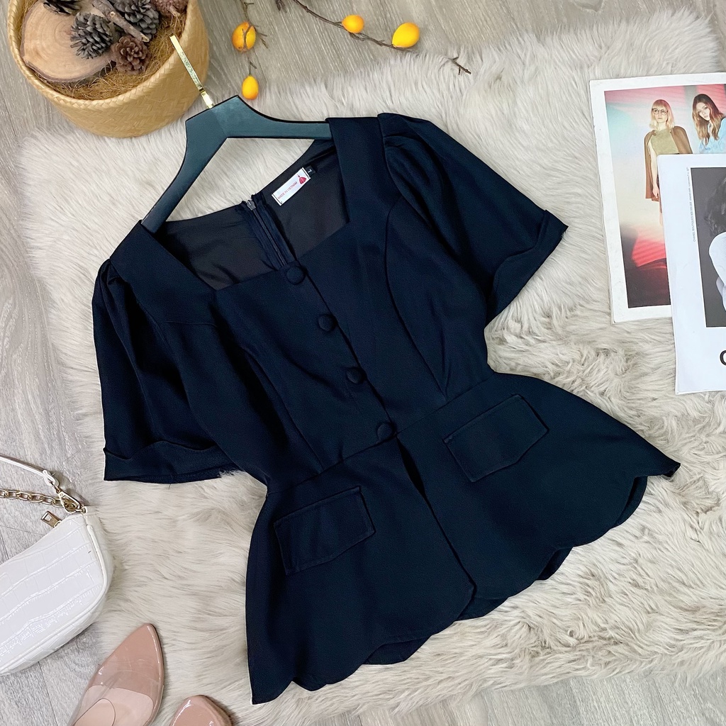 Áo kiểu 2 lớp peplum cổ vuông tay phồng nút bọc cao cấp bigsize 50.90kg