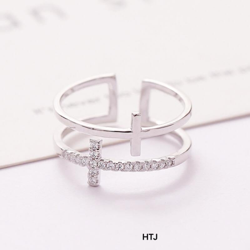 Nhẫn nữ thánh giá kép đính đá bạc ta , kiểu hở dễ đeo (Ảnh thật) - THJ Cam kết bạc chuẩn, giá tốt kèm bảo hành