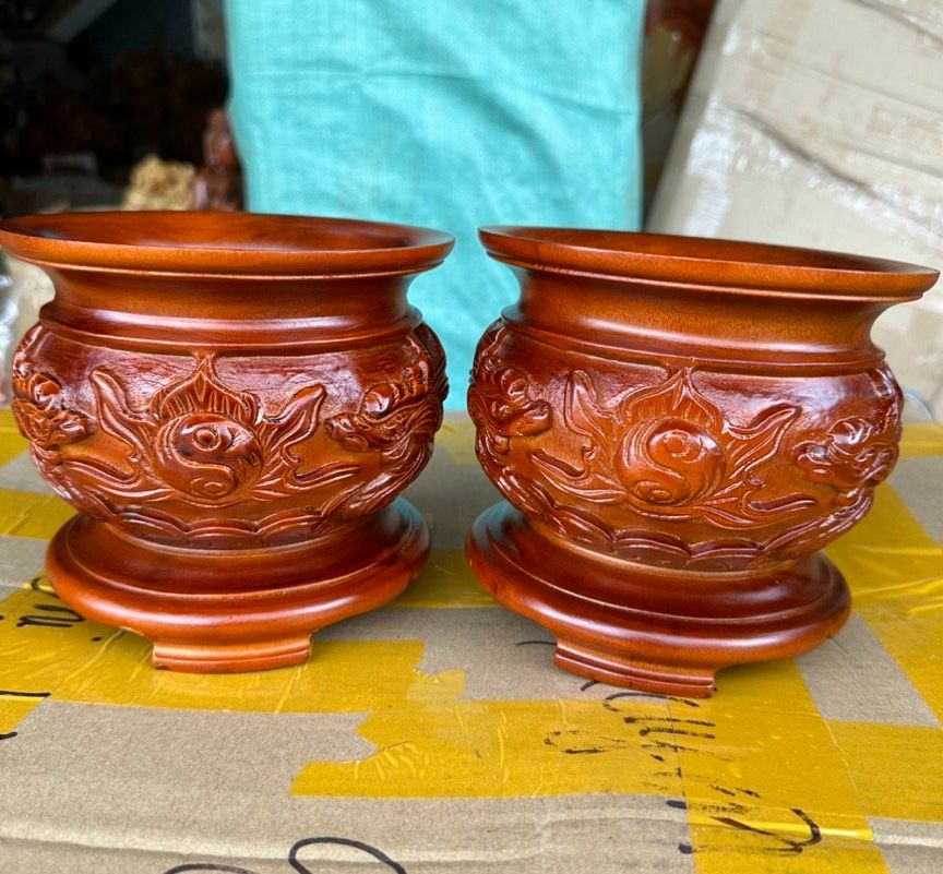Bát nhang - lư hương gỗ tràm nguyên khối chạm rồng ngang 15cm - 18cm - 20cm
