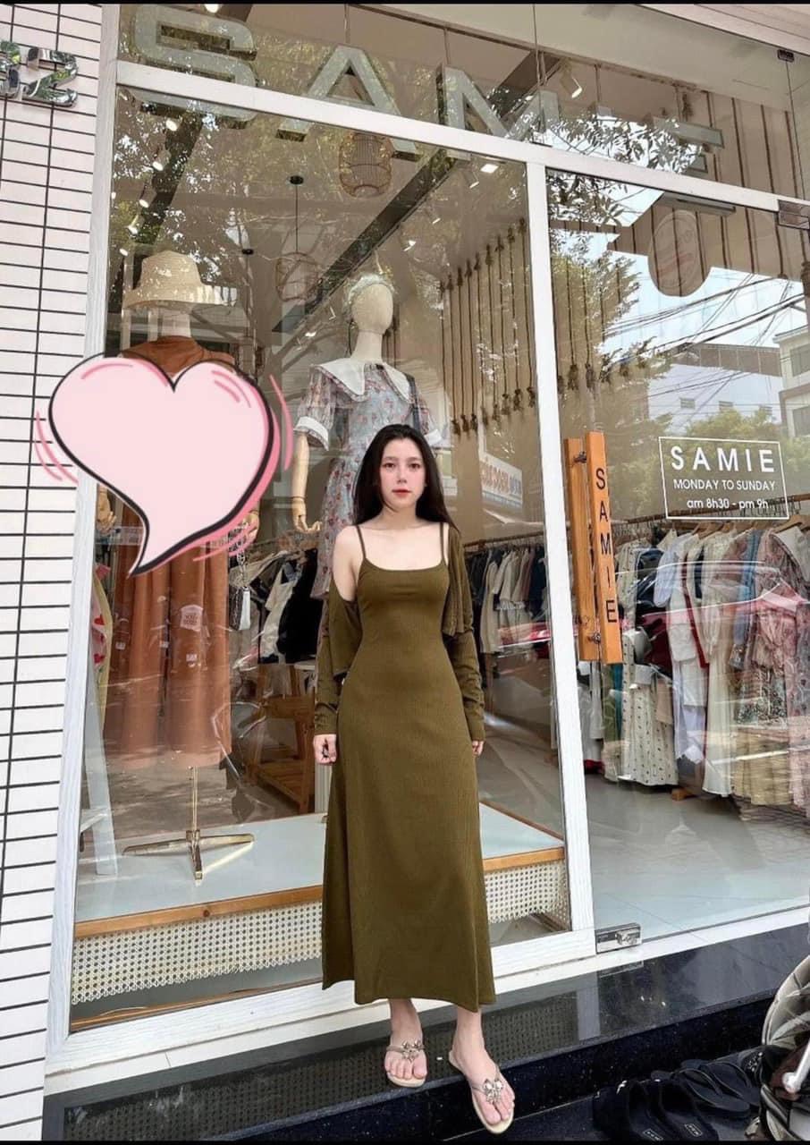 SET Đầm maxi 2 dây form dài kèm áo khoác tay dài