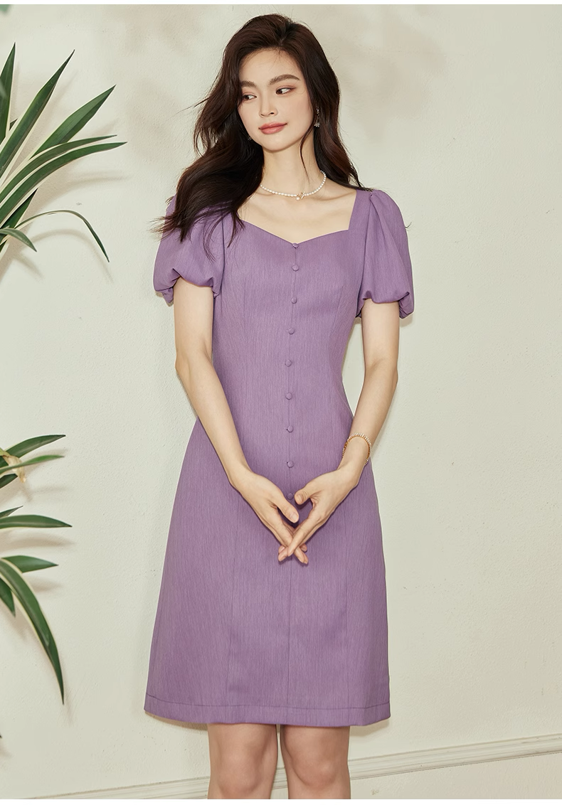 V-neck plain purple dress Puff button short sleeve