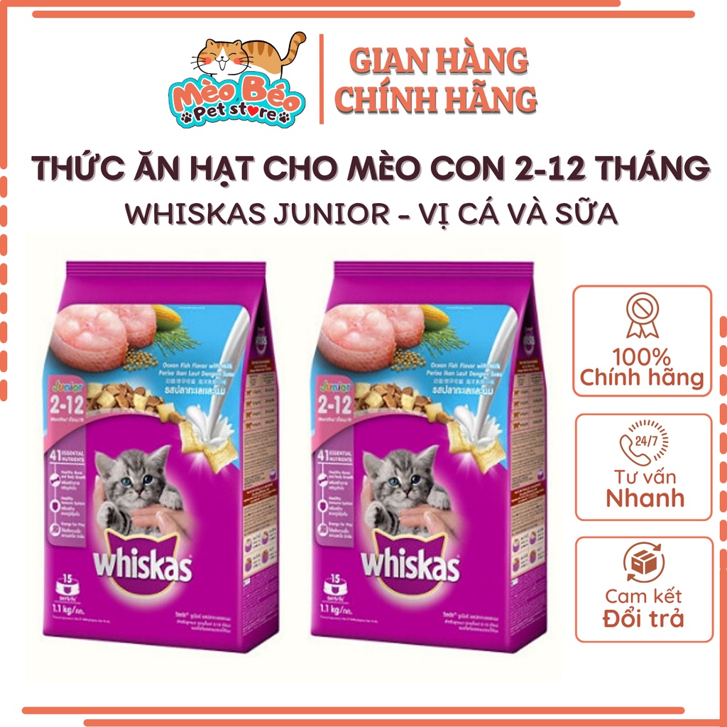 Thức ăn hạt cho mèo con whiskas junior - cá biển, cá thu túi 1,1kg