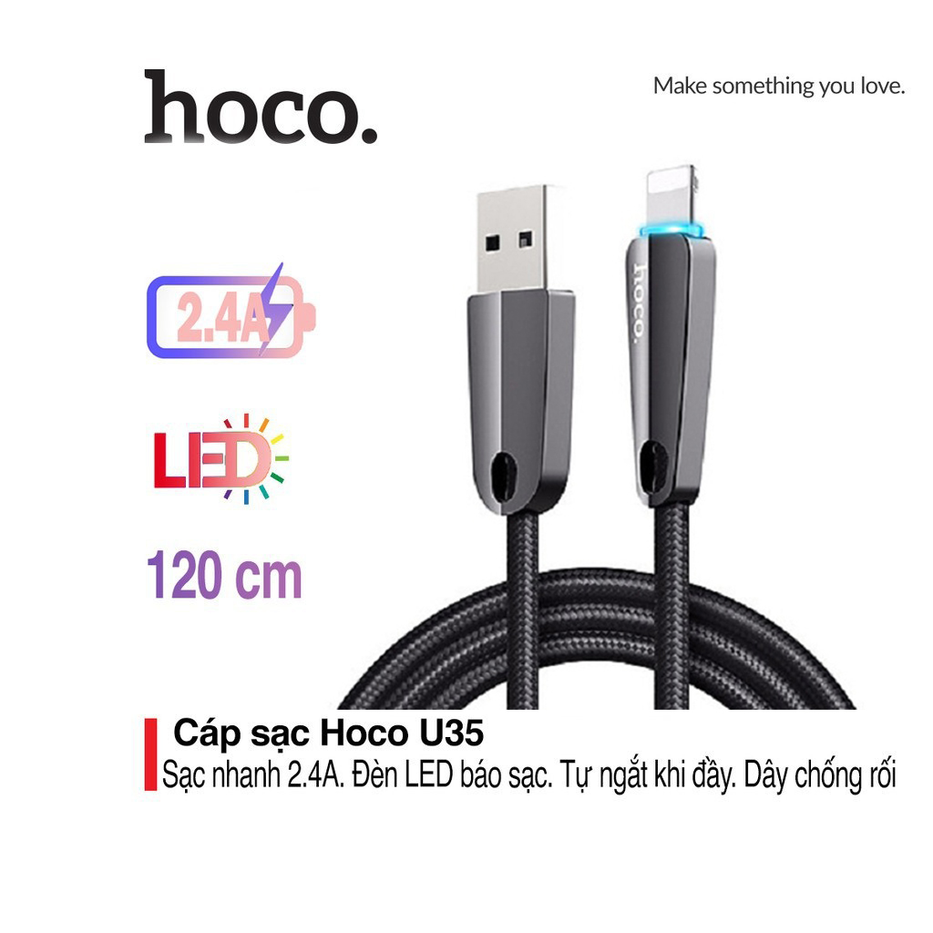 Cáp sạc nhanh 2.4A Hoco U35 Lightning đèn Led báo sạc tự ngắt điện khi pin đầy dài 1.2M cho iPhone/iPad