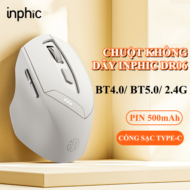 Chuột không dây bluetooth kiêm wireless INPHIC DR6 Silent không tiếng click (màu xám tro) Nhất Tín Computer