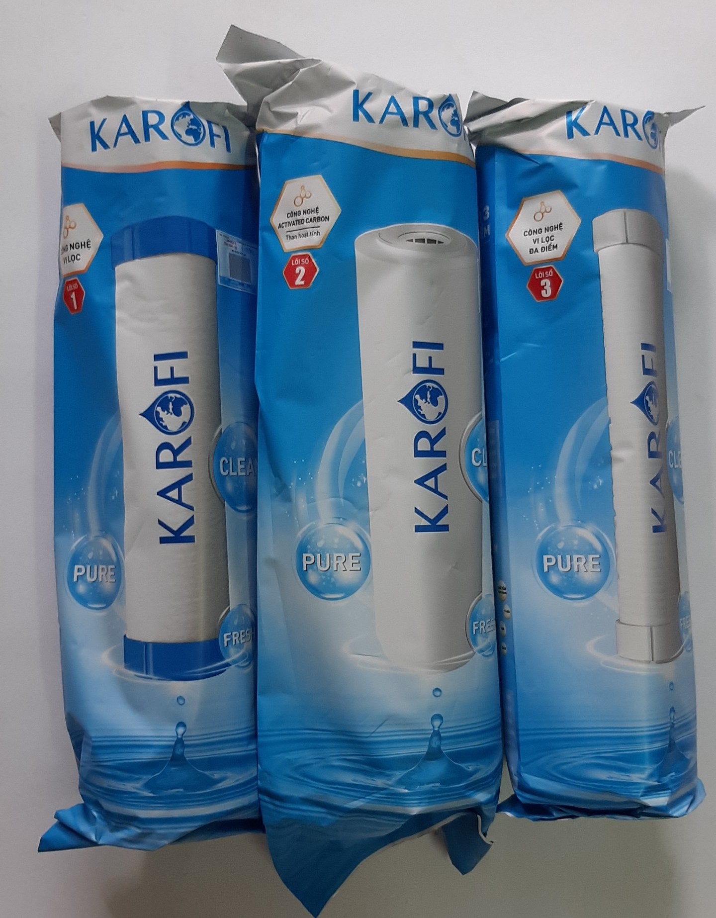 BỘ 3 LÕI LỌC 123  KAROFI DÙNG ĐƯỢC CHO TẤT CẢ MÁY LỌC NƯỚC RO LY 10IN