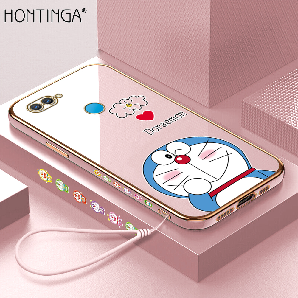 Hontinga Casing Case For OPPO A12 A7 A5S Case Fashion Cartoon Anime Doraemon Luxury Chrome Plated Soft TPU Square Phone Case Full Cover Camera Protection Anti Gores Rubber Cases For Girls