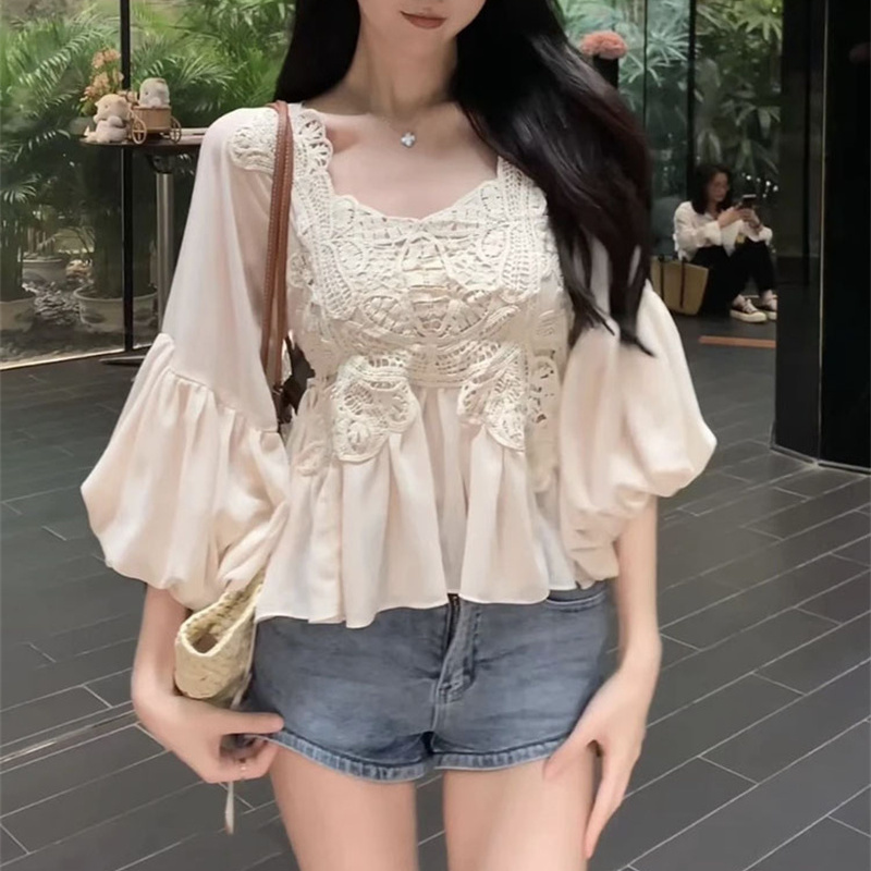 Áo sơ mi cổ chữ V Hàn Quốc áo thêu ren sang trọng mùa hè cho nữ