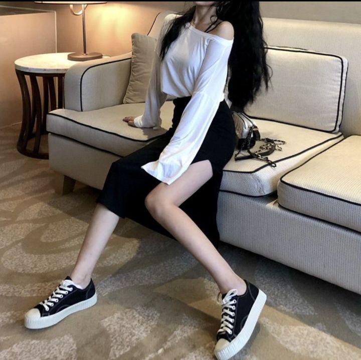 Áo thun trễ vai lụa tay dài cá tính 11427-7B1