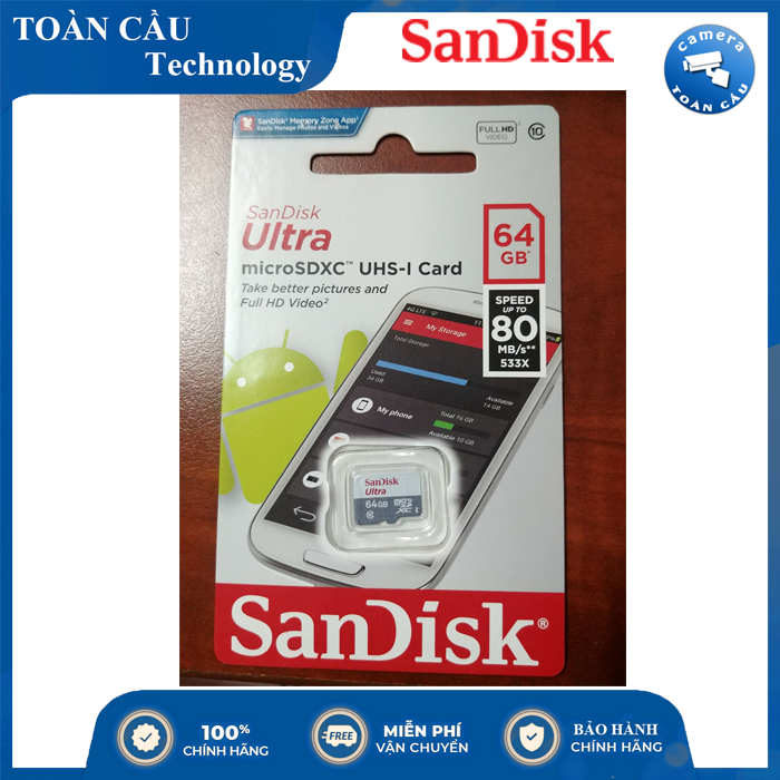 [HCM][100% CHÍNH HÃNG] Thẻ nhớ Micro SD SanDisk Ultra 64GB Class 10 - Camera Toàn Cầu